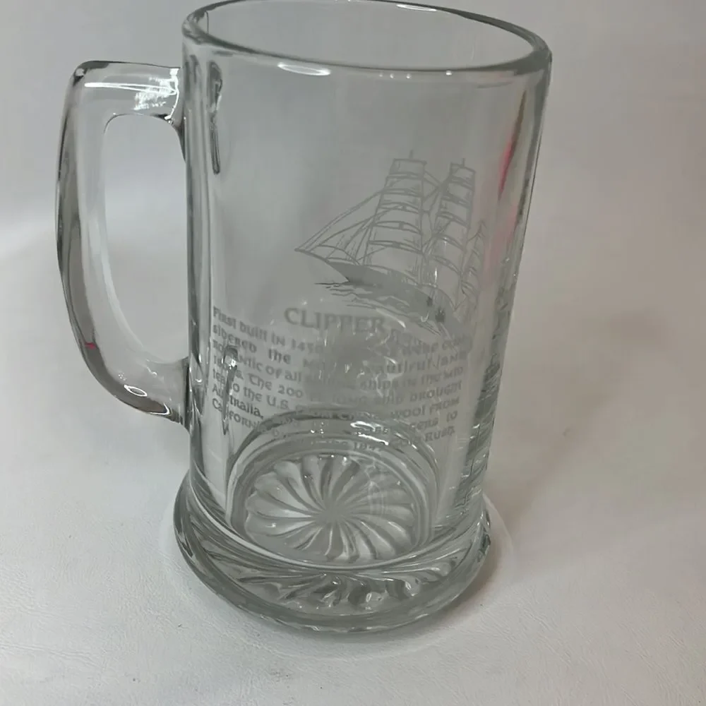 Clipper Sailing Ship Beer Stein Clear Glass White Letters 14 Oz 5 3/4 In Tall